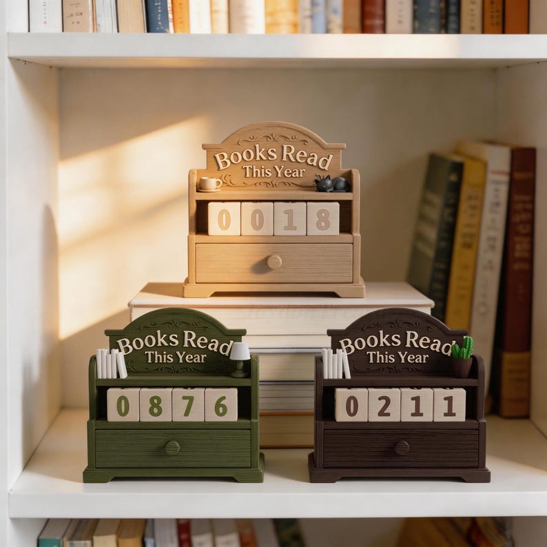 Puede incluir: Piezas decorativas de madera con tem&aacute;tica de libros con el texto "Books Read This Year" y bloques de n&uacute;meros. Las piezas son en tonos marr&oacute;n, verde y marr&oacute;n oscuro. Los n&uacute;meros en los bloques son 0018, 0876 y 0211.