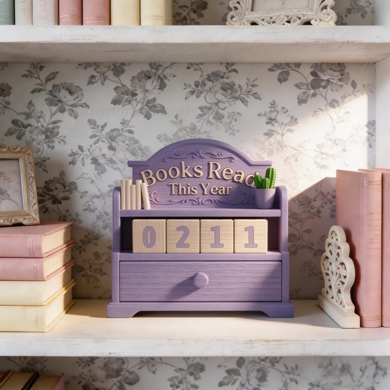 Puede incluir: Un organizador de madera lila con forma de estanter&iacute;a con el texto "Books Read This Year". Tiene un caj&oacute;n y ranuras para bloques de n&uacute;meros de madera que muestran "0211". Un peque&ntilde;o cactus se encuentra en la parte superior, con una pila de libros a la izquierda.