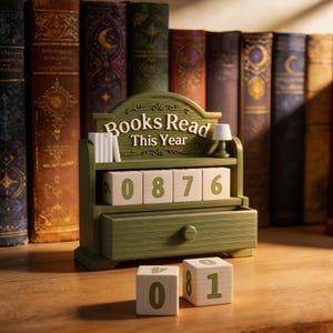 May include: A green wooden book counter with the text "Books Read This Year". The counter displays the number "0876". Two additional wooden blocks show the numbers "0" and "1". A small lamp and a stack of books are also visible.