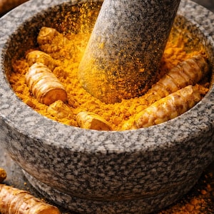 Puede incluir: Un mortero y una mano de mortero de granito gris llenos de polvo de cúrcuma amarillo brillante y raíces enteras de cúrcuma. La mano de mortero está en el mortero y hay polvo esparcido.