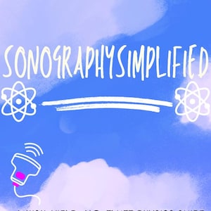 Könnte beinhalten: Buchcover mit dem Titel "SONOGRAPHY SIMPLIFIED" in Weiß, vor einem blauen Himmel mit Wolken. Das Cover enthält Illustrationen von Atomen und einer Ultraschallsonde. Der Text "A HIGH-YIELD, NO-FLUFF PHYSICS GUIDE" ist ebenfalls vorhanden.
