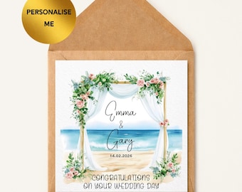 Personalisierte Strandhochzeitskarte mit individuellen Namen & Glückwünschen am Meer