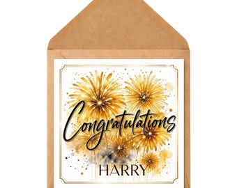 Personalised Congratulations Card | Fireworks Congratulations Card | Custom Name | Graduation Card | New Job Card | Promotion Card | Exam