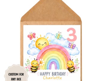 Personalised Rainbow Bee Birthday Card for Girls, Custom Age Name (UK Printed)