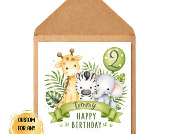 Personalised Safari Birthday Card | Jungle Animals, Any Age (Custom Name)