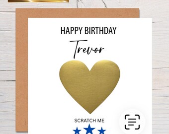 Tarjeta de cumpleaños personalizada para rascar: corazón dorado con mensaje personalizado