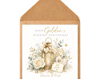Carte d'anniversaire de mariage dorée | Carte 50e anniversaire personnalisée pour couple | Lanterne florale dorée élégante | Papa et maman ami