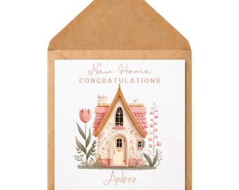 Gepersonaliseerde nieuwe huiskaart, schattige roze huisgefeliciteerdkaart, housewarmingwenskaart, nieuw huiscadeau