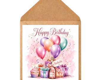 Personalised Birthday Card – Pastel Balloons & Gifts Design