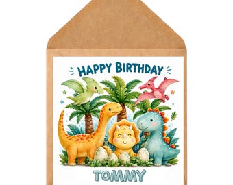 Tarjeta de cumpleaños personalizada de dinosaurio: saludo infantil con nombre