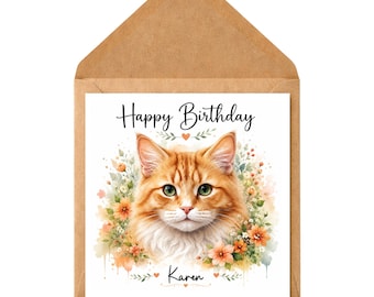 Personalised Ginger Cat Birthday Card | Floral Orange Tabby Cat Lover Greeting