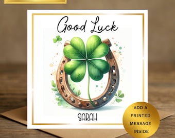Personalised Good Luck Card – Clover & Horseshoe Design, Handmade UK
