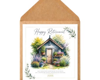 Personalised Retirement Card, Garden Shed Retirement Card, Retirement Card for Dad, Grandad, Colleague, Friend, Custom Name Card
