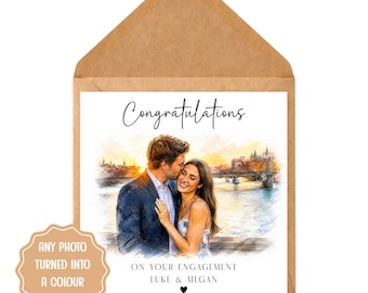 Gepersonaliseerde verlovingskaart | Aangepaste foto kleurenschets portret, gefeliciteerd