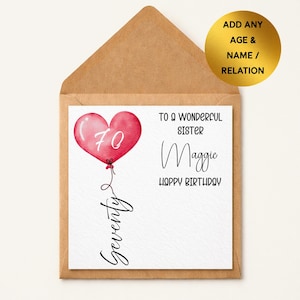 Personalised Heart Balloon Birthday Card, Custom Name Age Relation (150mm x 150mm)