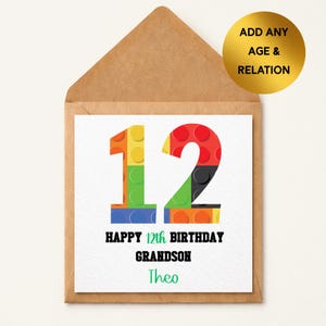 May include: A birthday card with a brown envelope. The card features a colorful number 12 made of toy blocks. Text reads "Happy 12th Birthday Grandson" and the name "Theo" in green. A gold circle says "Add any age & relation."