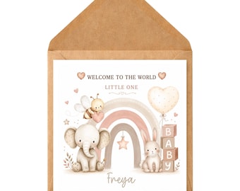 Personalised Baby Girl Card | Welcome Little One Rainbow Elephant Bunny Design