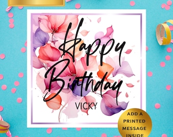 Personalised Floral Birthday Card – Elegant Pink & Purple Flowers