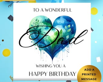 Tarjeta de cumpleaños personalizada para papá: diseño de corazón en acuarela azul y verde
