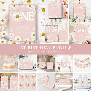 May include: A 1st birthday party stationery bundle featuring a soft pink background with white daisy flower patterns. The set includes invitations, thank you cards, cupcake toppers, a high chair banner, water bottle labels, and signage.