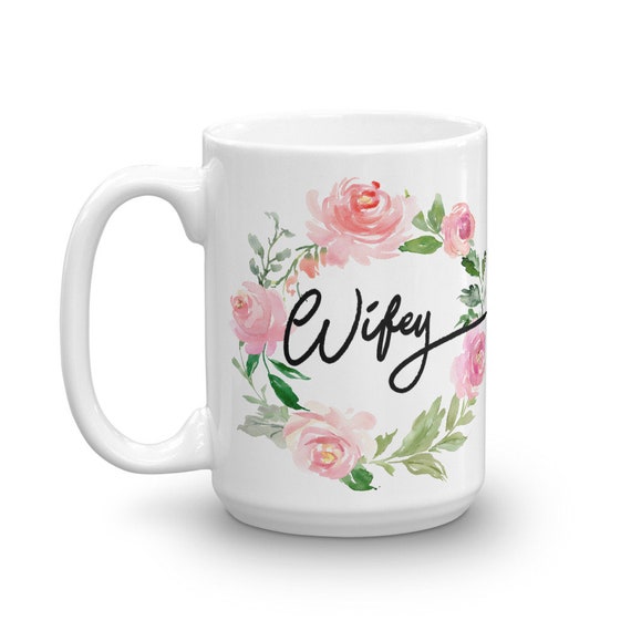 Wifey Cute Watercolor Floral Wreath Mug for Wedding or Bride to Be by Fruitful Feet