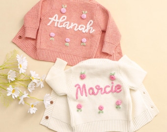 Personalised Baby Knit Cardigan, Hand Embroidered Name Girls Cardigan, Newborn Crochet Cardigan with Name, Baby ShowerGifts, New Baby Gifts