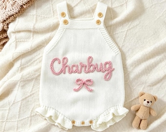 Custom Name Baby Romper, Embroidered Knit Baby Girl Romper, Summer Outfit for Babygirl, Baby Ruffled Romper, Personalized Girl Onesie, Gifts