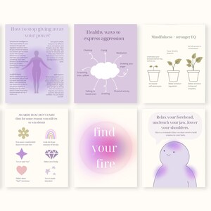 May include: A collection of ten cards with various illustrations and text. The cards feature designs in shades of purple, pink, and green. Some cards have text like "Happy Hormones", "6 love languages", and "find your fire".