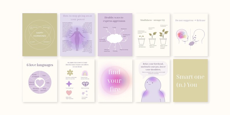 May include: A collection of ten cards with various illustrations and text. The cards feature designs in shades of purple, pink, and green. Some cards have text like "Happy Hormones", "6 love languages", and "find your fire".