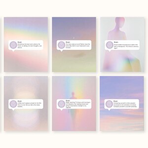 May include: A collection of ten cards with pastel backgrounds in shades of purple, pink, and yellow. Each card features a speech bubble with the word "Brain" and a short quote. The overall theme is related to mindfulness and self-reflection.