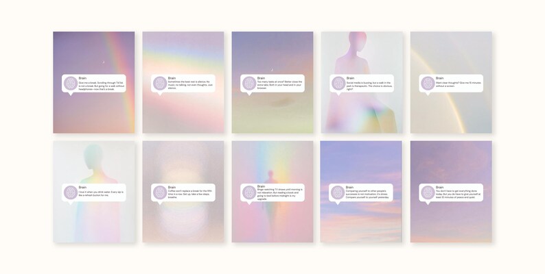 May include: A collection of ten cards with pastel backgrounds in shades of purple, pink, and yellow. Each card features a speech bubble with the word "Brain" and a short quote. The overall theme is related to mindfulness and self-reflection.