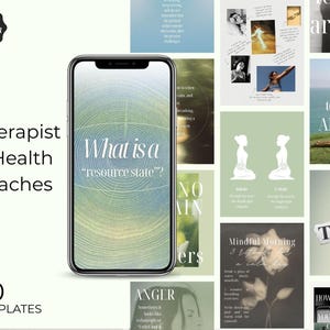 Op de afbeelding: Een Canva-sjabloonset voor therapeuten en gezondheidscoaches, met een smartphone met "What is a 'resource state?'". Het ontwerp bevat verschillende inspirerende afbeeldingen en tekst, met in totaal 50 sjablonen.