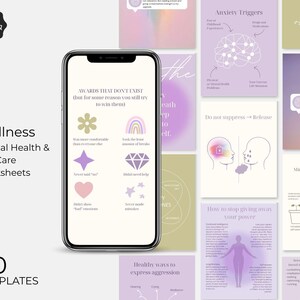 May include: A smartphone displays a wellness worksheet template with the text "Awards That Don't Exist". Surrounding the phone are other templates with titles like "Anxiety Triggers" and "How to stop giving away your power". The image is promoting mental health and self-care worksheets.