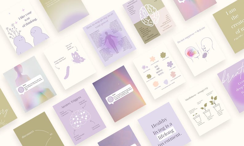 May include: An assortment of pastel-colored cards with inspirational quotes and illustrations. The cards feature text like "I like your way of thinking," "Anxiety Triggers," and "Healthy living is a lifelong investment."