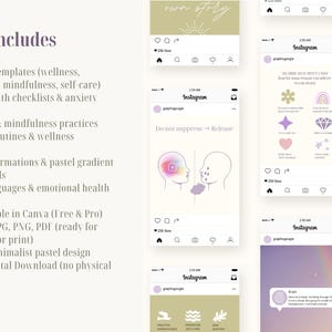 May include: Digital Canva templates for wellness, psychology, and self-care. Includes templates for Instagram posts with pastel designs, affirmations, and mental health guides. Fully editable and ready to download.