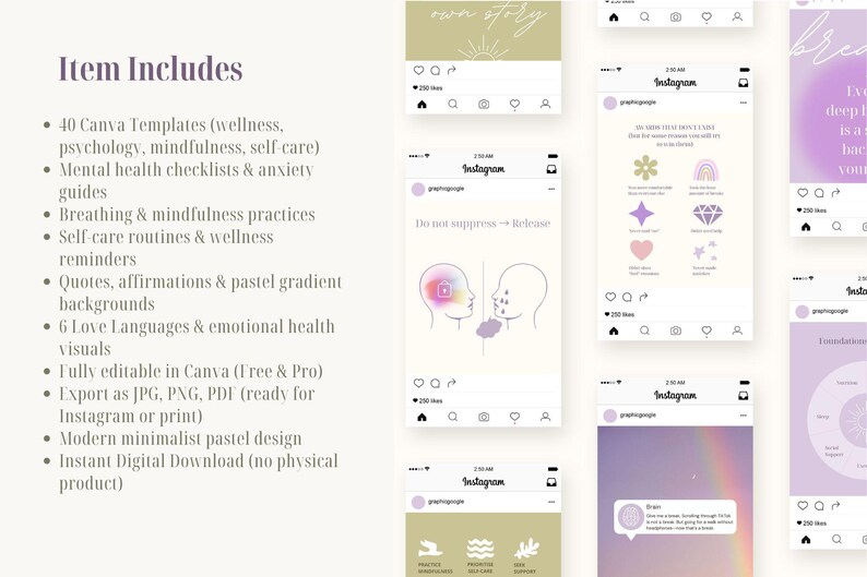 May include: Digital Canva templates for wellness, psychology, and self-care. Includes templates for Instagram posts with pastel designs, affirmations, and mental health guides. Fully editable and ready to download.