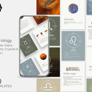 May include: A digital display of astrology-themed templates. The screen shows cards with zodiac signs, planets, crystals, and herbs. The word "Astrology" is at the top, with "50 TEMPLATES" at the bottom. The Canva logo is in the upper left corner.