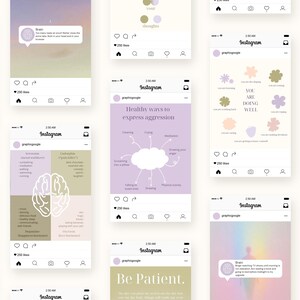 May include: A collection of Instagram posts with pastel backgrounds and various text graphics. The posts cover topics like brain function, healthy ways to express aggression, and self-care tips. Each post includes the Instagram logo and a like counter.