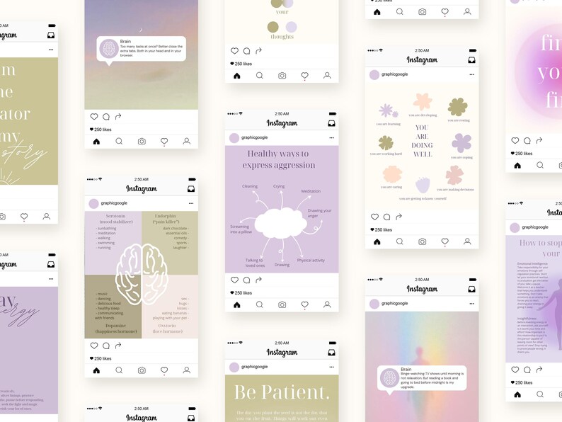 May include: A collection of Instagram posts with pastel backgrounds and various text graphics. The posts cover topics like brain function, healthy ways to express aggression, and self-care tips. Each post includes the Instagram logo and a like counter.