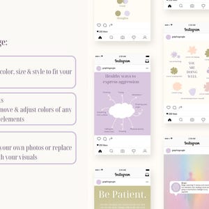 May include: A collection of Instagram mockups in shades of purple, green, and beige. The mockups showcase various designs with text such as "Healthy ways to express aggression" and "Be Patient." The image also includes text that says "Change: Font, Elements, Photos."