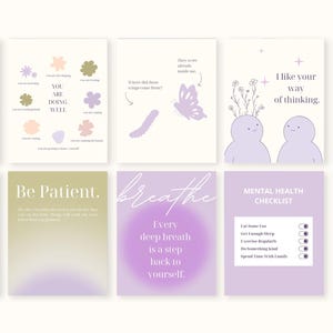 May include: A collection of ten cards with pastel backgrounds and inspirational text. The cards feature phrases like "Breathe," "Be Patient," and "I like your way of thinking." The color palette includes lavender, peach, and olive green.