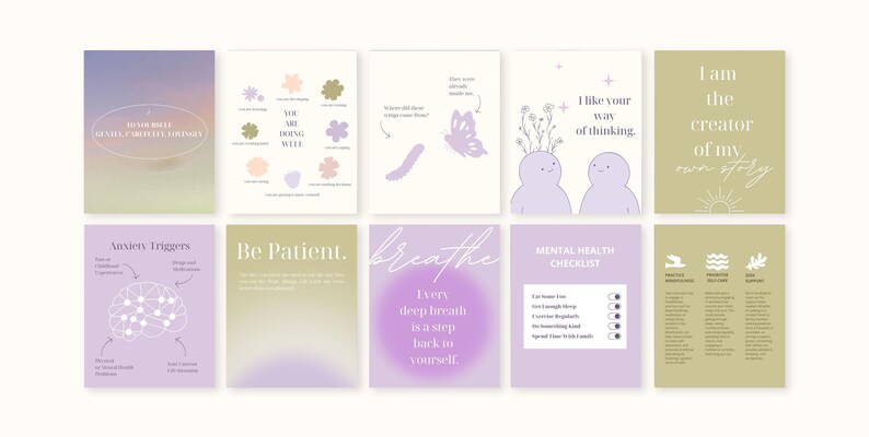 May include: A collection of ten cards with pastel backgrounds and inspirational text. The cards feature phrases like "Breathe," "Be Patient," and "I like your way of thinking." The color palette includes lavender, peach, and olive green.