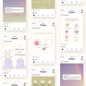 May include: A collection of Instagram posts with pastel color schemes. The posts feature illustrations, text, and graphics related to mental health, self-care, and mindfulness. The posts include text such as "Triggers", "I like your way of thinking", and "Do not suppress -> Release".