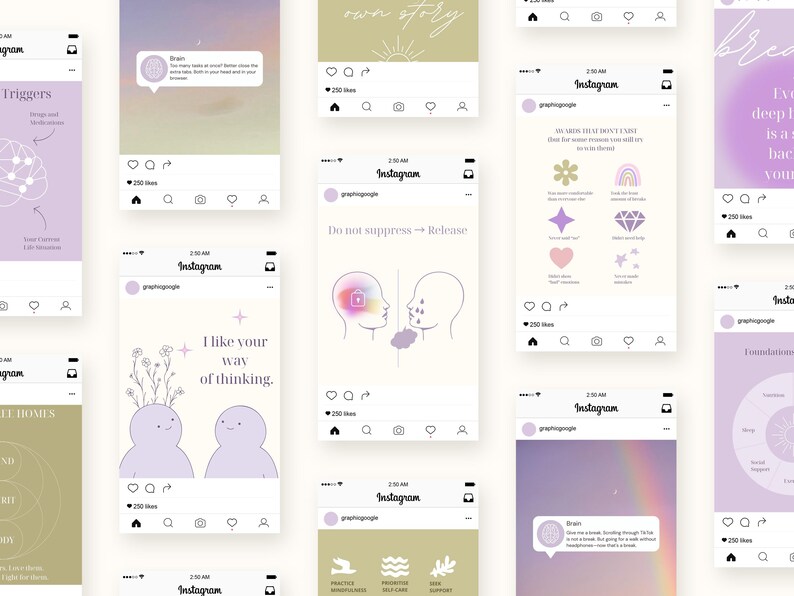 May include: A collection of Instagram posts with pastel color schemes. The posts feature illustrations, text, and graphics related to mental health, self-care, and mindfulness. The posts include text such as "Triggers", "I like your way of thinking", and "Do not suppress -> Release".
