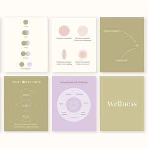 May include: A collection of ten square cards with minimalist designs and text. The cards feature pastel colors like pink, green, and lavender. Text includes phrases like "Healthy living is a lifelong investment" and "Sunday energy."