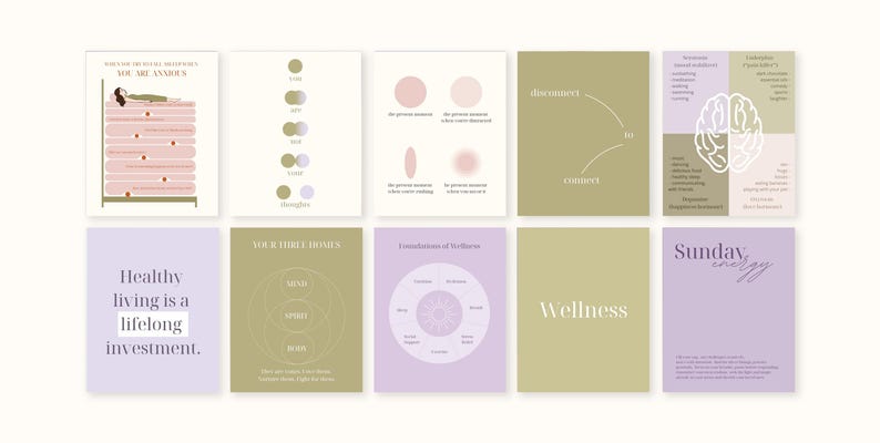 May include: A collection of ten square cards with minimalist designs and text. The cards feature pastel colors like pink, green, and lavender. Text includes phrases like "Healthy living is a lifelong investment" and "Sunday energy."