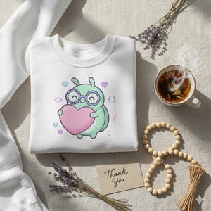 May include: White sweatshirt with a cartoon bug character wearing glasses and holding a pink heart. The design includes coding symbols and small hearts. A card with "Thank You" is visible.