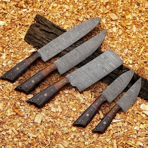 Personalized Hand Forged Damascus Chef Set | Chef Set of 5 pieces with Leather | Groomsman Gift | Anniversary Gift | Christmas Gift