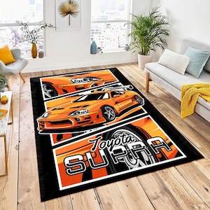 Orange JDM Sports Car Retro Style Area Rug – Bold Automotive Decor for Car Enthusiasts f&f