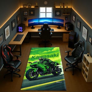 Green Racing Motorcycle Area Rug – Bold Sportbike Art for Riders & Racing Fans Polyester Rug